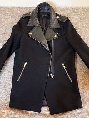 Zara Black Wool-Blend Moto Pea Coat with Leather Trim
